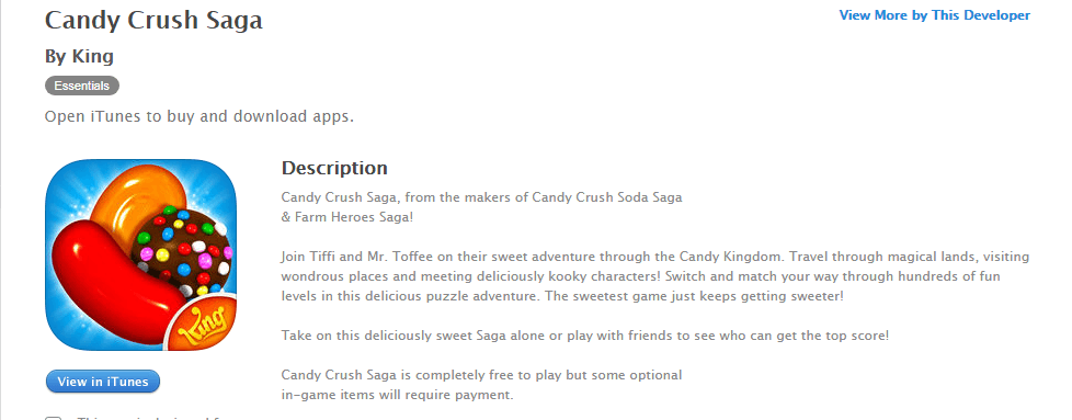 Intro of Candy Cursh Saga's description on Apple's App Store